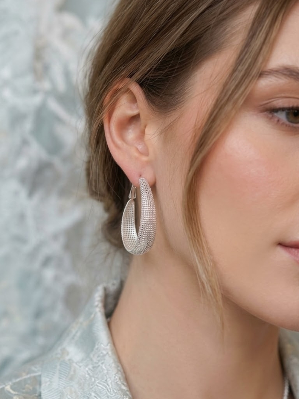 925 Silver Textured Hoop Earrings - Women Jewelry